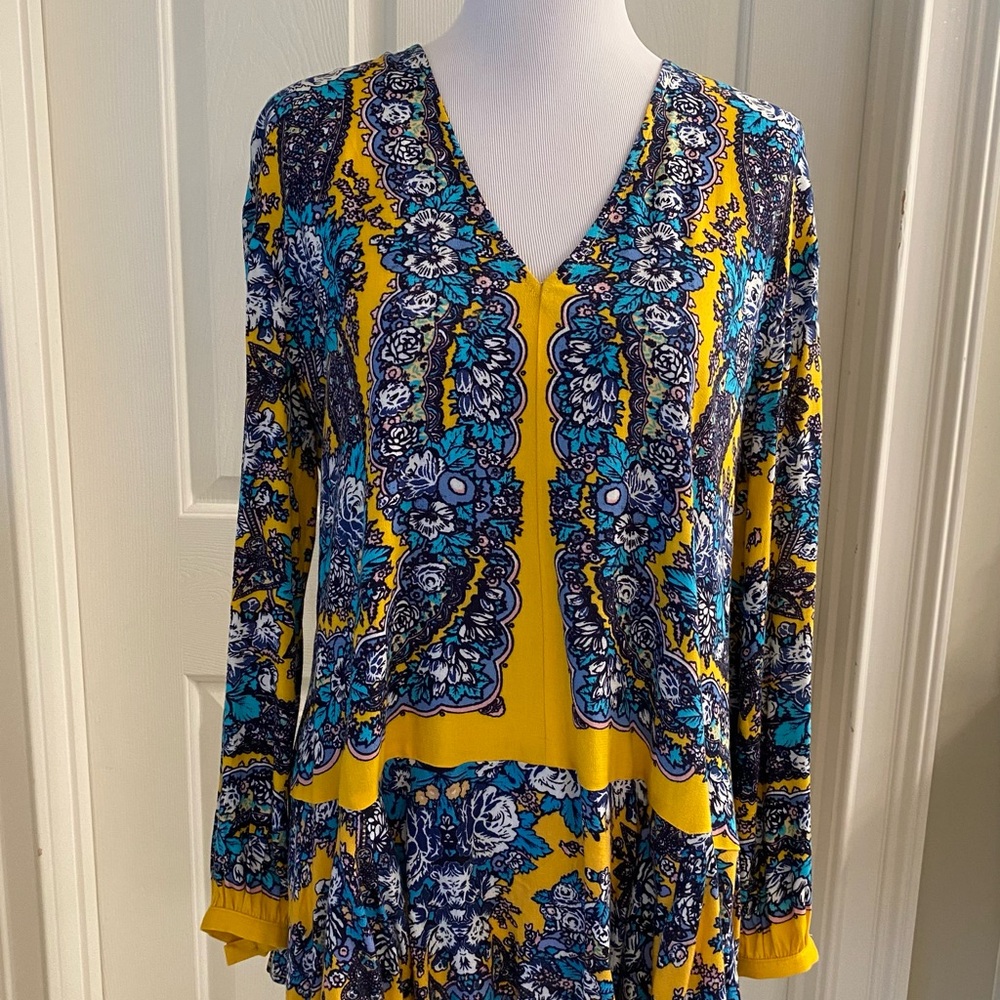 Free People Yellow and Blue Patterned Blouse